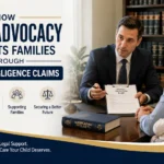 Lawyer consulting with parents about a medical negligence claim involving a birth injury, illustrating legal advocacy for families seeking compensation and lifelong care support.