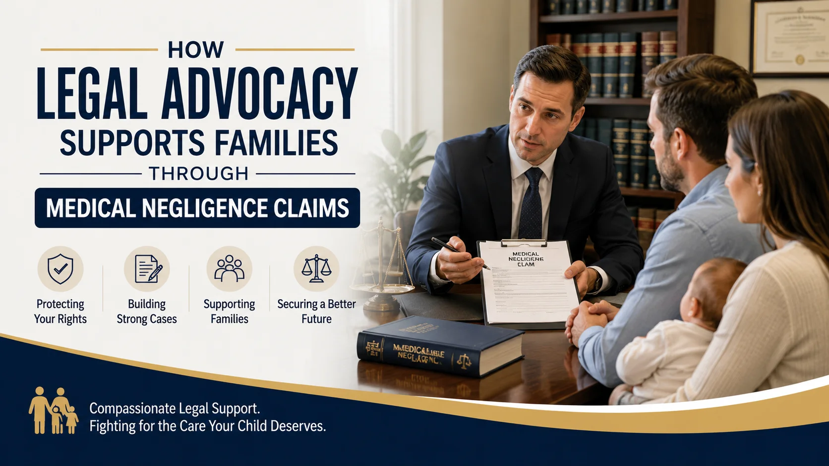 Lawyer consulting with parents about a medical negligence claim involving a birth injury, illustrating legal advocacy for families seeking compensation and lifelong care support.