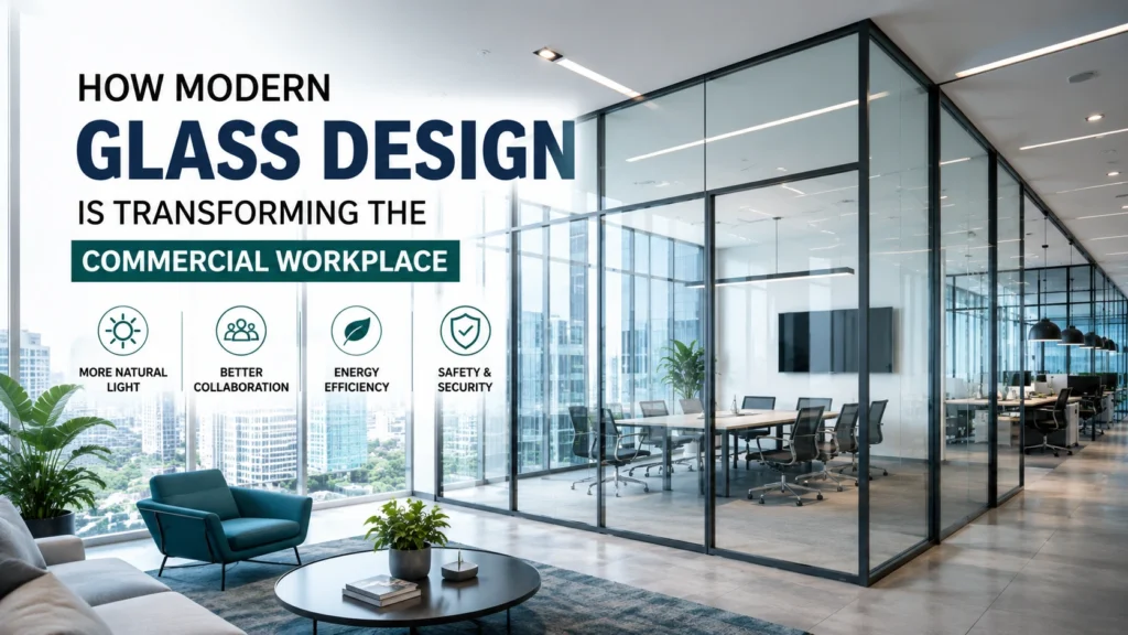 Modern commercial office with glass walls, meeting rooms, natural daylight, and collaborative workspaces illustrating how modern glass design transforms the commercial workplace.