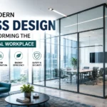 Modern commercial office with glass walls, meeting rooms, natural daylight, and collaborative workspaces illustrating how modern glass design transforms the commercial workplace.