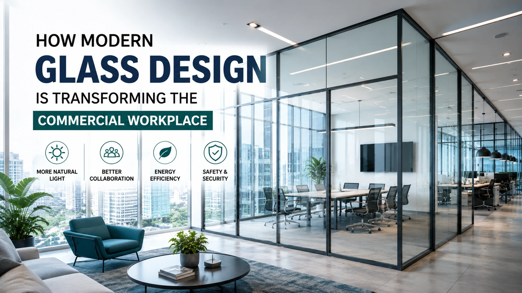 Modern commercial office with glass walls, meeting rooms, natural daylight, and collaborative workspaces illustrating how modern glass design transforms the commercial workplace.