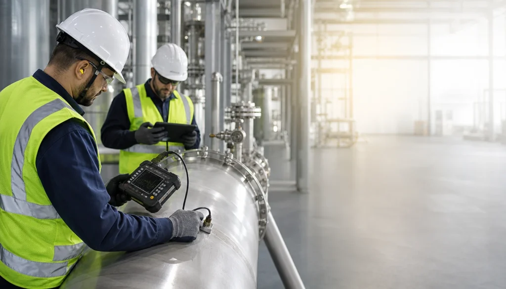 Engineer performing non-destructive testing on an industrial pipeline to detect hidden defects and prevent costly equipment downtime.