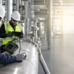 Engineer performing non-destructive testing on an industrial pipeline to detect hidden defects and prevent costly equipment downtime.