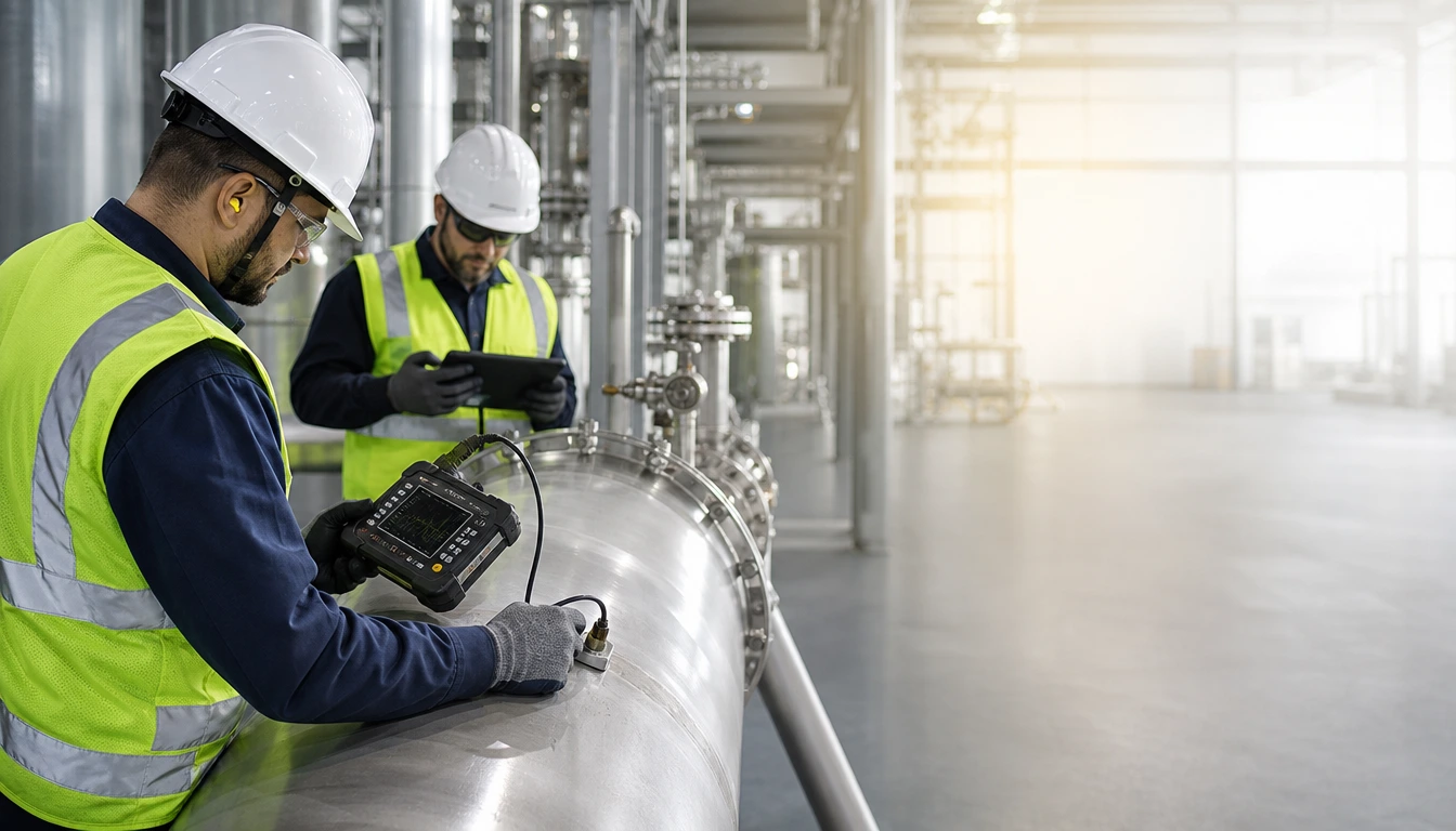 Engineer performing non-destructive testing on an industrial pipeline to detect hidden defects and prevent costly equipment downtime.