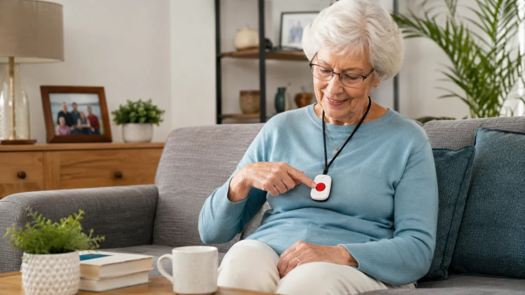 Older woman using a personal alarm device at home to support independent living, improve safety, and access emergency assistance quickly.