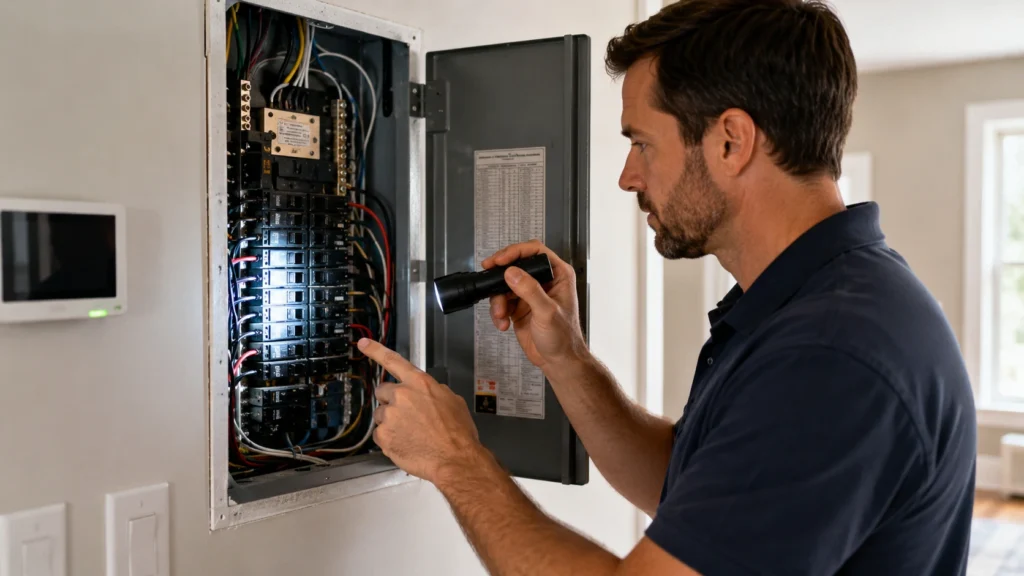 Licensed electrician inspecting a residential electrical panel to assess home electrical safety and identify potential wiring hazards