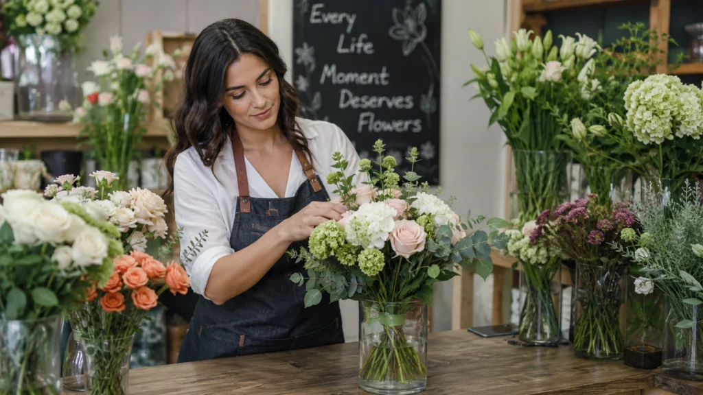 Professional florist creating an elegant floral arrangement with fresh flowers for weddings, anniversaries, new babies, sympathy, and other major life milestones.