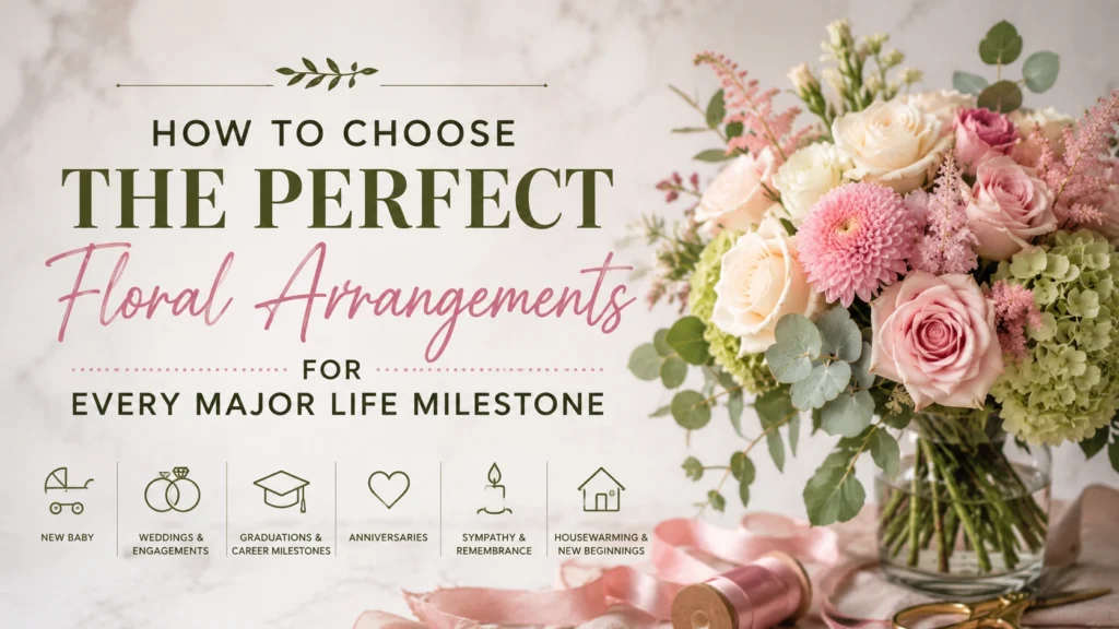 Elegant bouquet of fresh flowers representing weddings, anniversaries, new babies, graduations, sympathy, and other major life milestones.