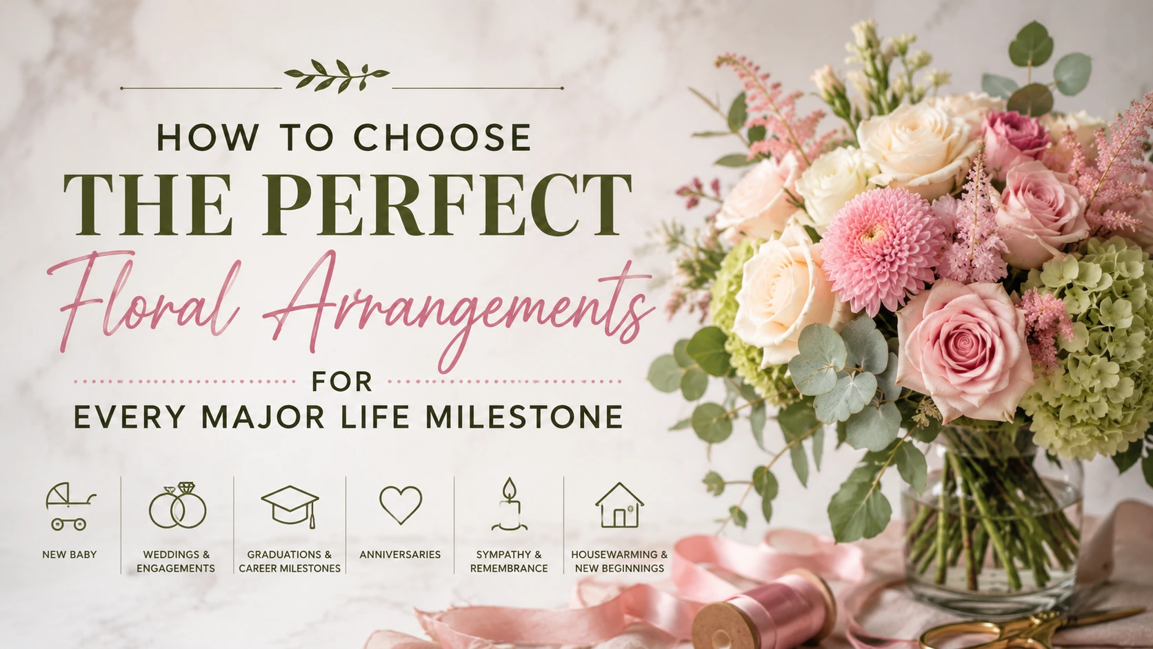Elegant bouquet of fresh flowers representing weddings, anniversaries, new babies, graduations, sympathy, and other major life milestones.