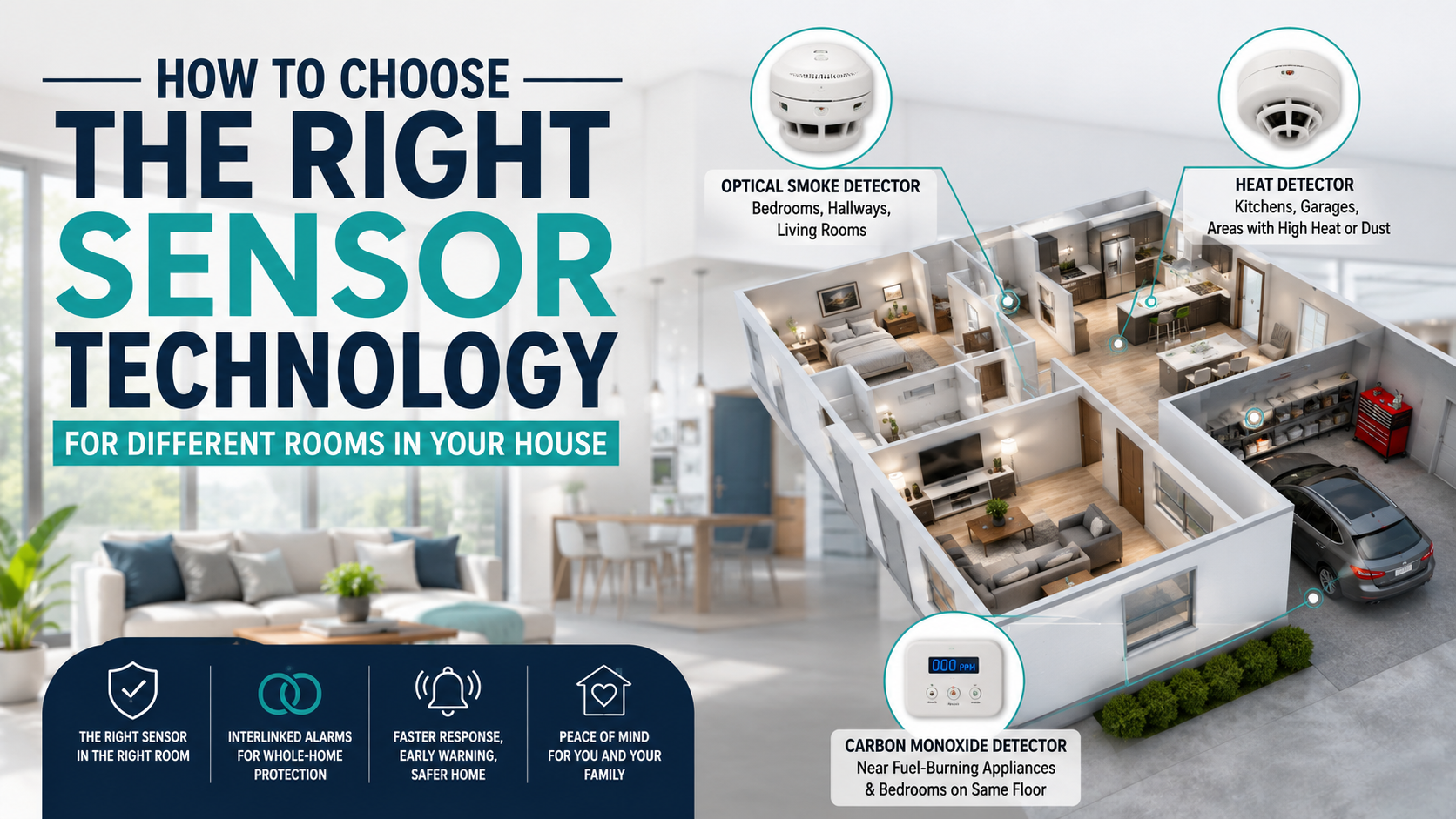Illustration of a modern home floor plan showing the ideal placement of smoke, heat, and carbon monoxide detectors in different rooms for complete home safety.