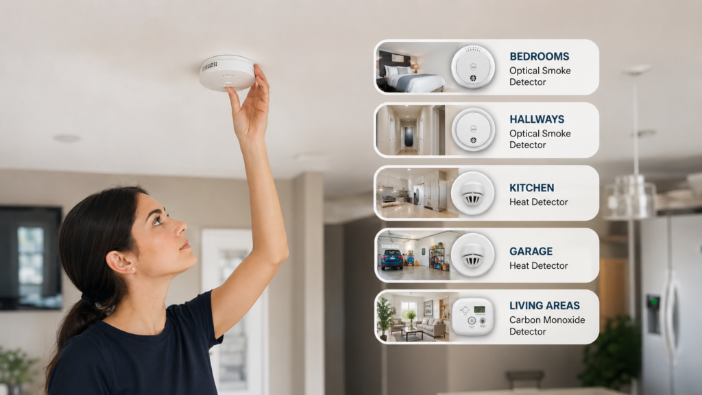 Homeowner installing a smoke detector with visual examples of optical smoke, heat, and carbon monoxide sensors for different rooms in a modern house.