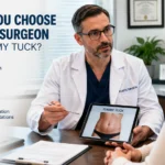 Featured image showing a plastic surgeon consulting with a patient about choosing the right surgeon for a tummy tuck, highlighting credentials, consultation, communication, and patient safety.