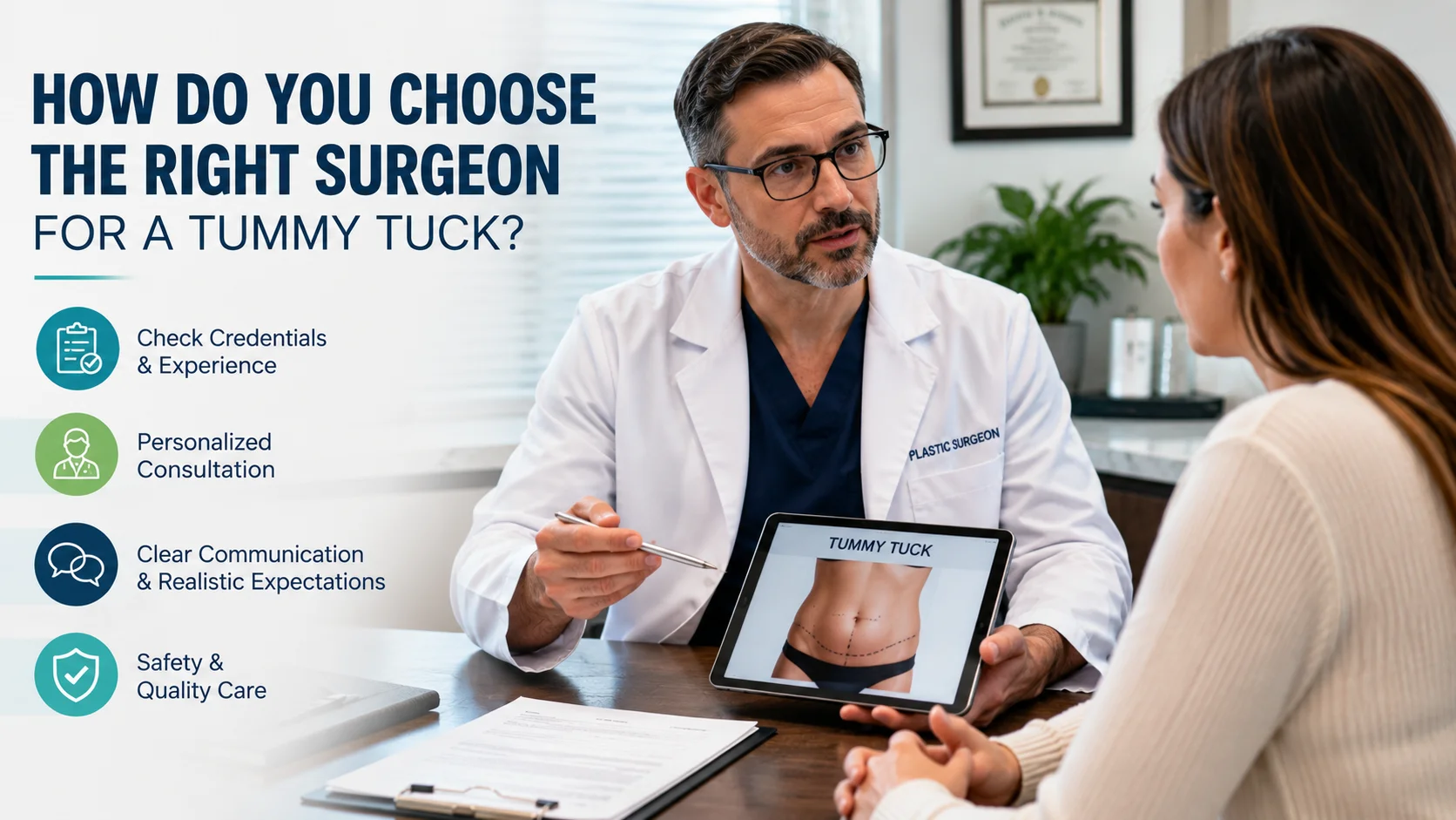 Featured image showing a plastic surgeon consulting with a patient about choosing the right surgeon for a tummy tuck, highlighting credentials, consultation, communication, and patient safety.