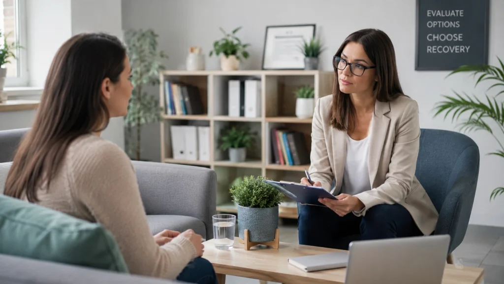 Licensed mental health professional consulting with a patient to evaluate treatment options in a comfortable therapy office.