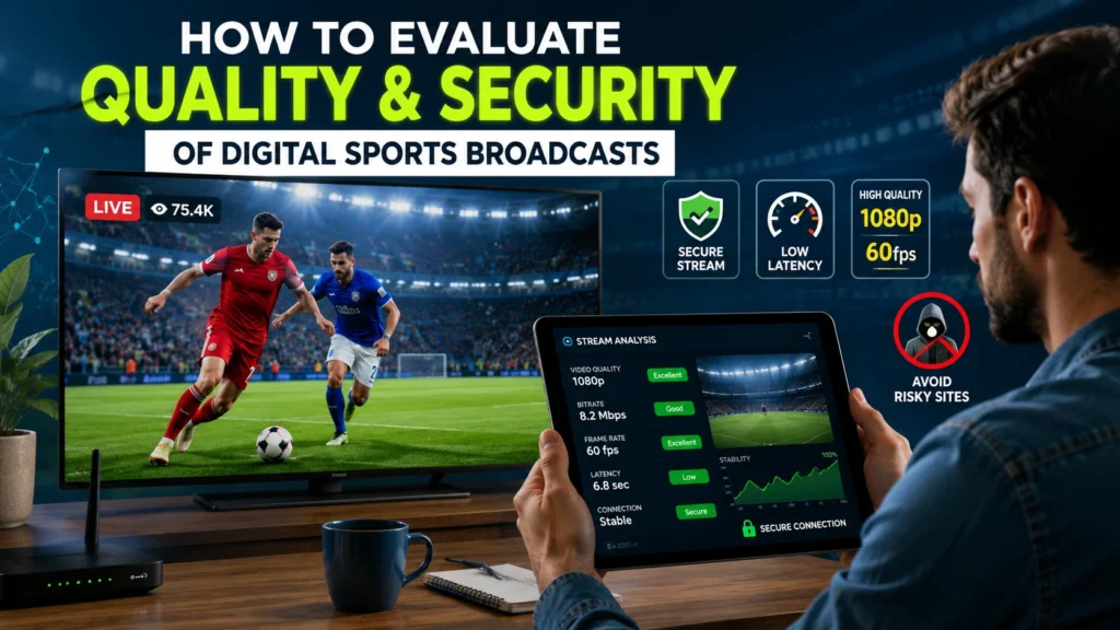 Feature image showing a sports fan evaluating the quality and security of a live digital sports broadcast using a smart TV and tablet with streaming performance and cybersecurity indicators.