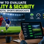 Feature image showing a sports fan evaluating the quality and security of a live digital sports broadcast using a smart TV and tablet with streaming performance and cybersecurity indicators.
