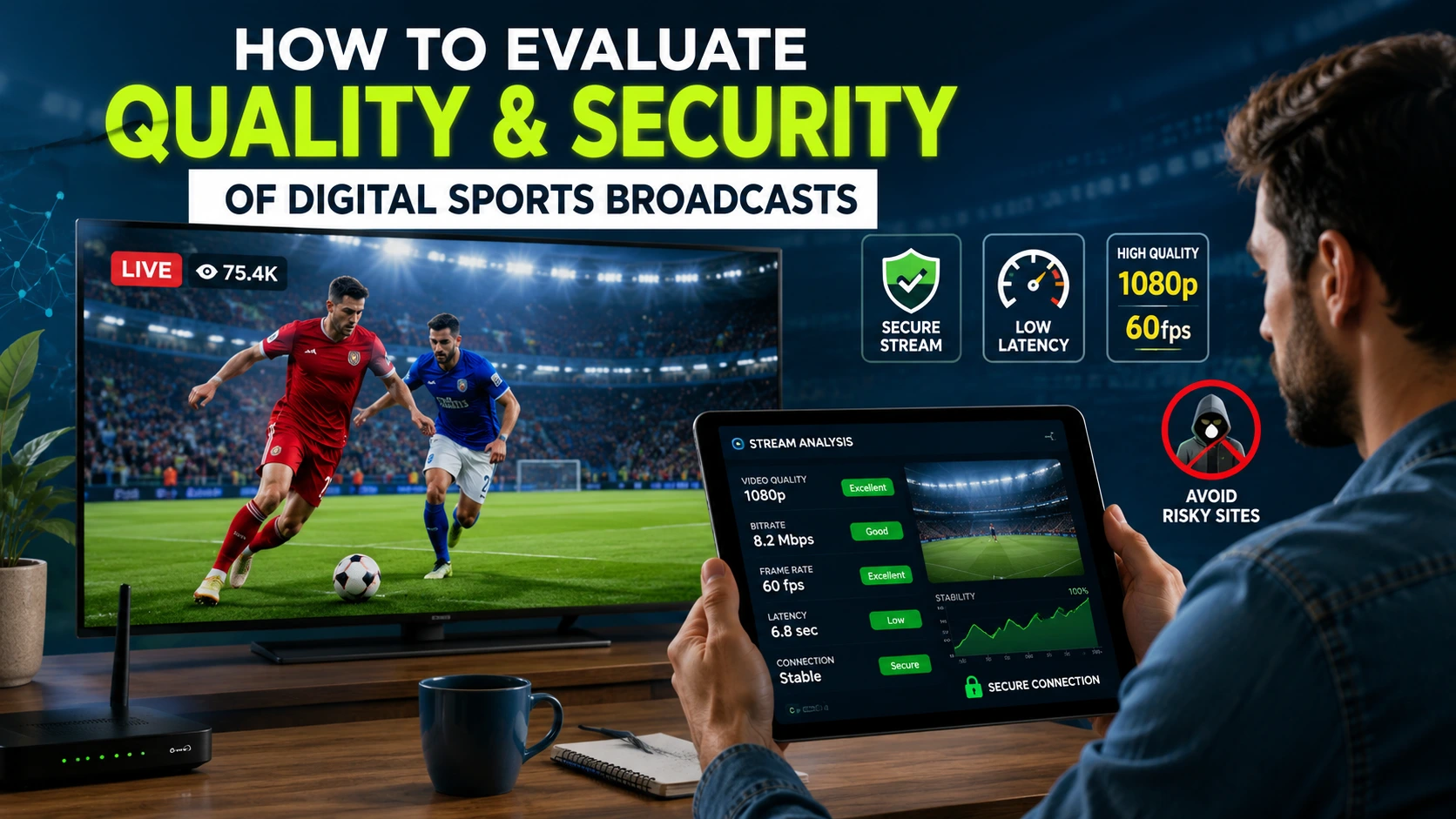 Feature image showing a sports fan evaluating the quality and security of a live digital sports broadcast using a smart TV and tablet with streaming performance and cybersecurity indicators.