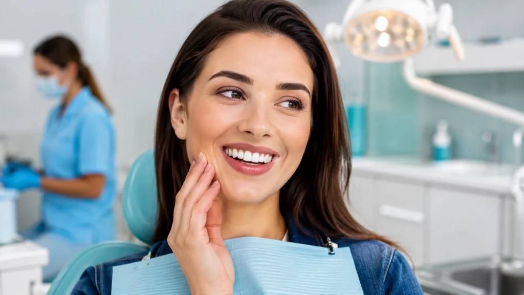 Patient smiling after laser teeth whitening while gently touching their cheek in a modern dental clinic, illustrating sensitivity after laser whitening and proper aftercare.