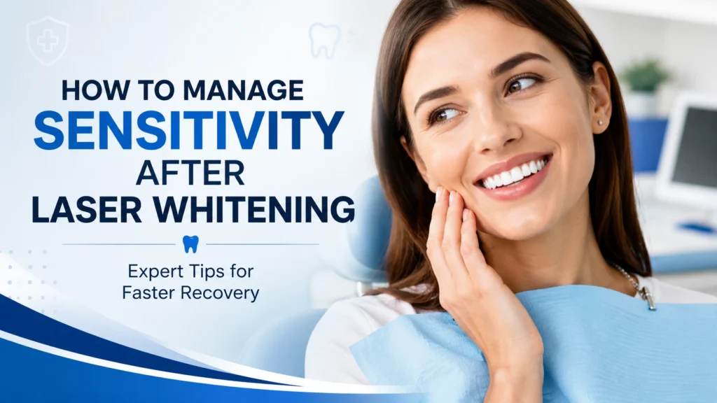 How to manage sensitivity after laser whitening – smiling patient after professional laser teeth whitening treatment with expert aftercare tips for reducing tooth sensitivity.