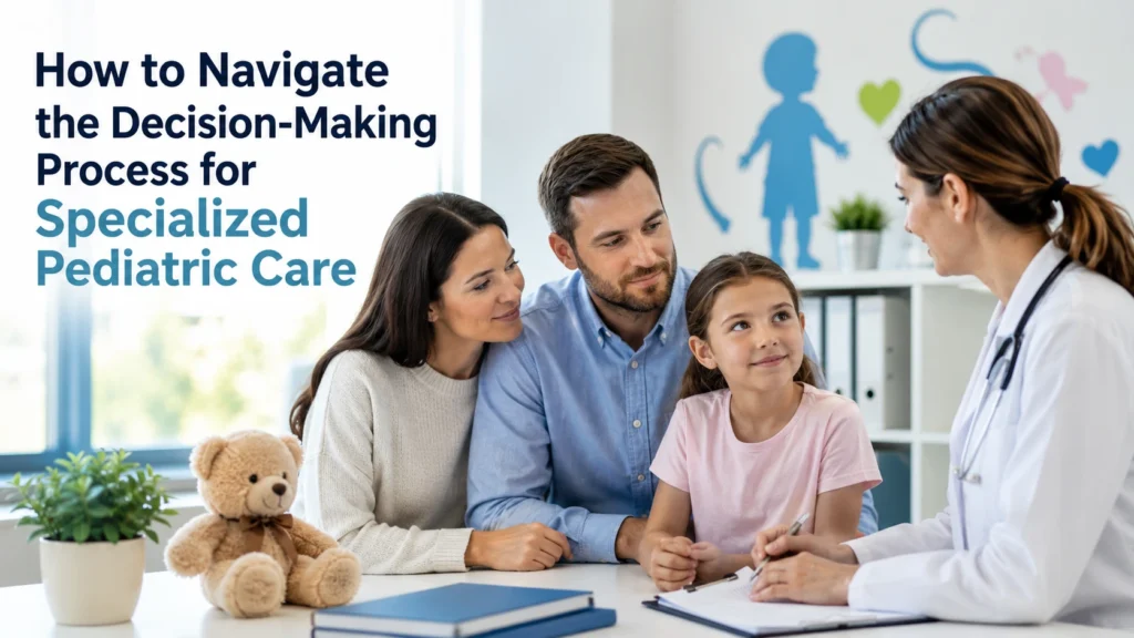 Feature image showing a pediatric specialist discussing treatment options with parents and their child, illustrating the decision-making process for specialized pediatric care.