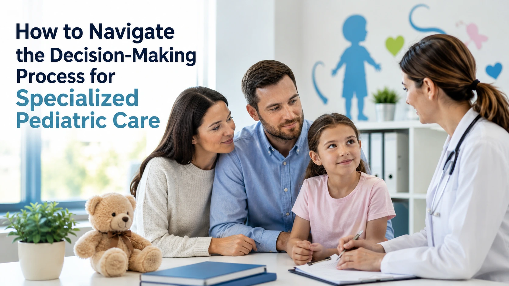 Feature image showing a pediatric specialist discussing treatment options with parents and their child, illustrating the decision-making process for specialized pediatric care.