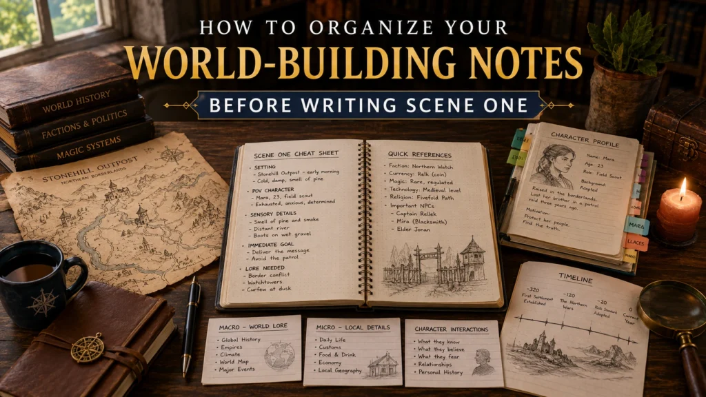 Fantasy writing workspace with organized world-building notes, character profiles, maps, timelines, and a Scene One planning notebook for efficient novel writing.
