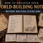 Fantasy writing workspace with organized world-building notes, character profiles, maps, timelines, and a Scene One planning notebook for efficient novel writing.