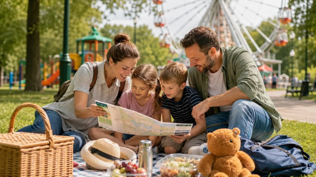 Happy family planning a fun day out together at a park with children enjoying a picnic, map, and outdoor activities.