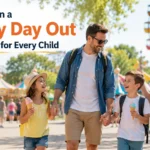 Happy family enjoying a fun day out at an outdoor park with children, illustrating how to plan a family day that works for every child.