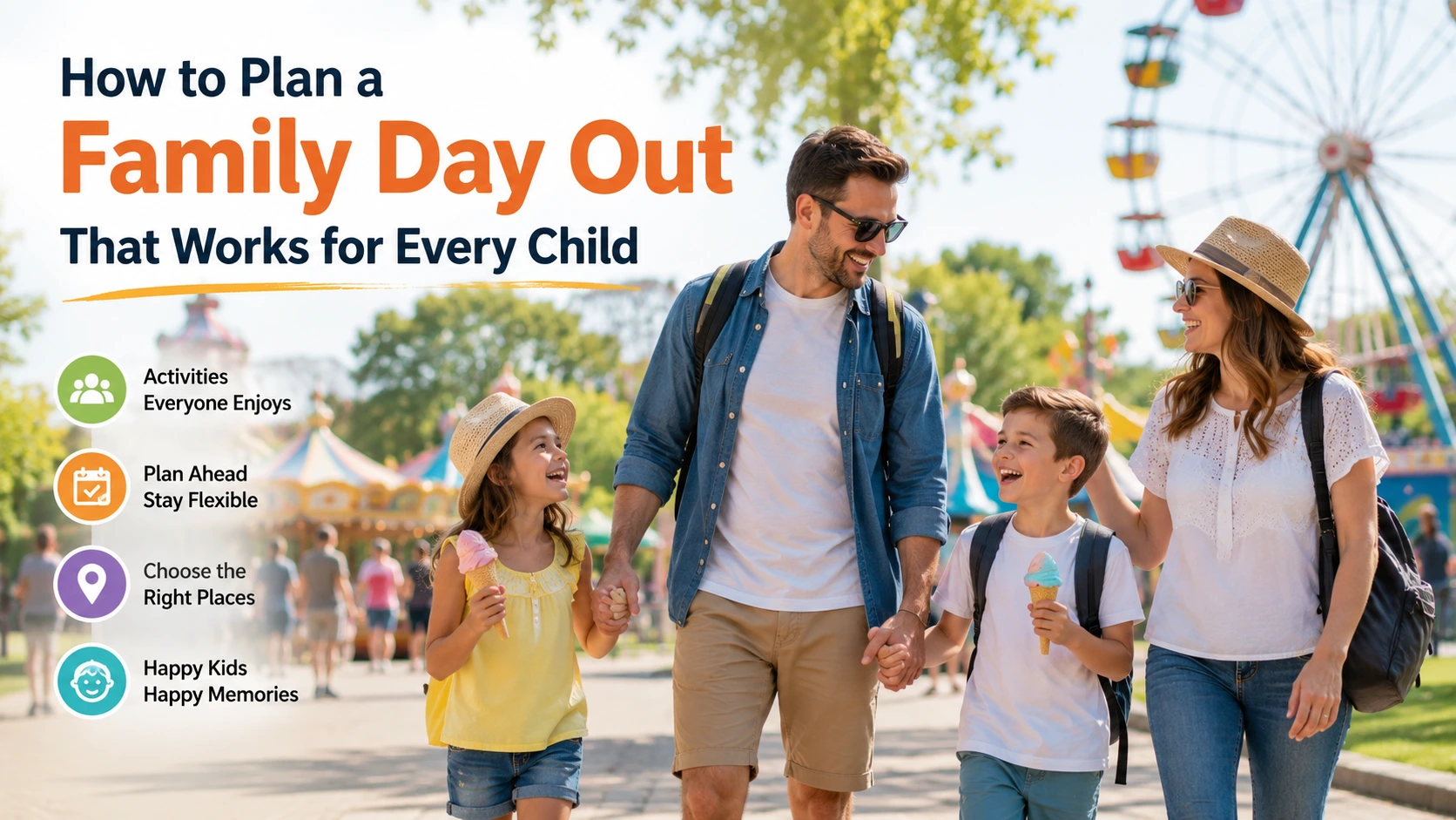 Happy family enjoying a fun day out at an outdoor park with children, illustrating how to plan a family day that works for every child.