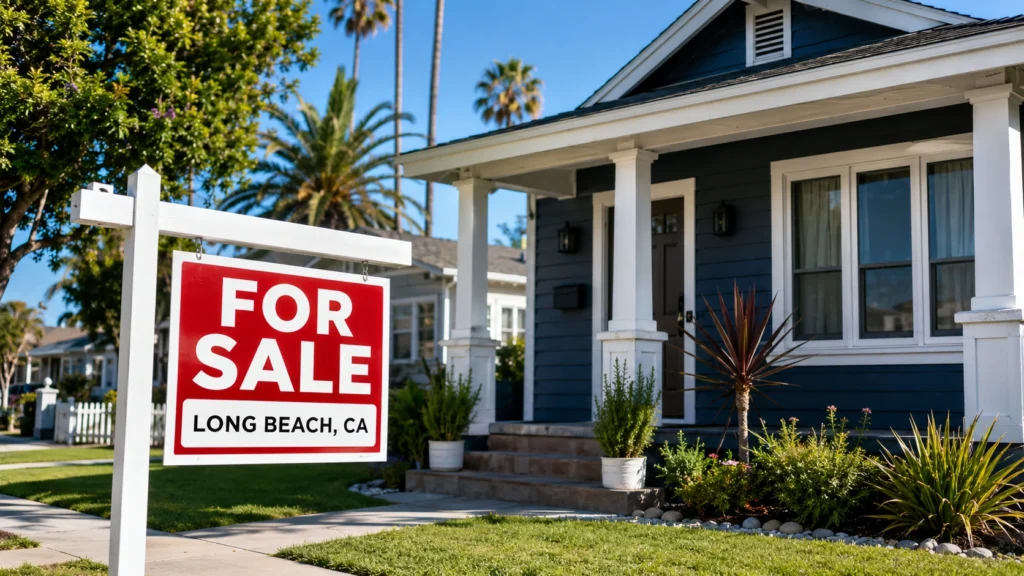 Modern home with a For Sale sign in Long Beach California illustrating tips to sell a house fast in 2026.
