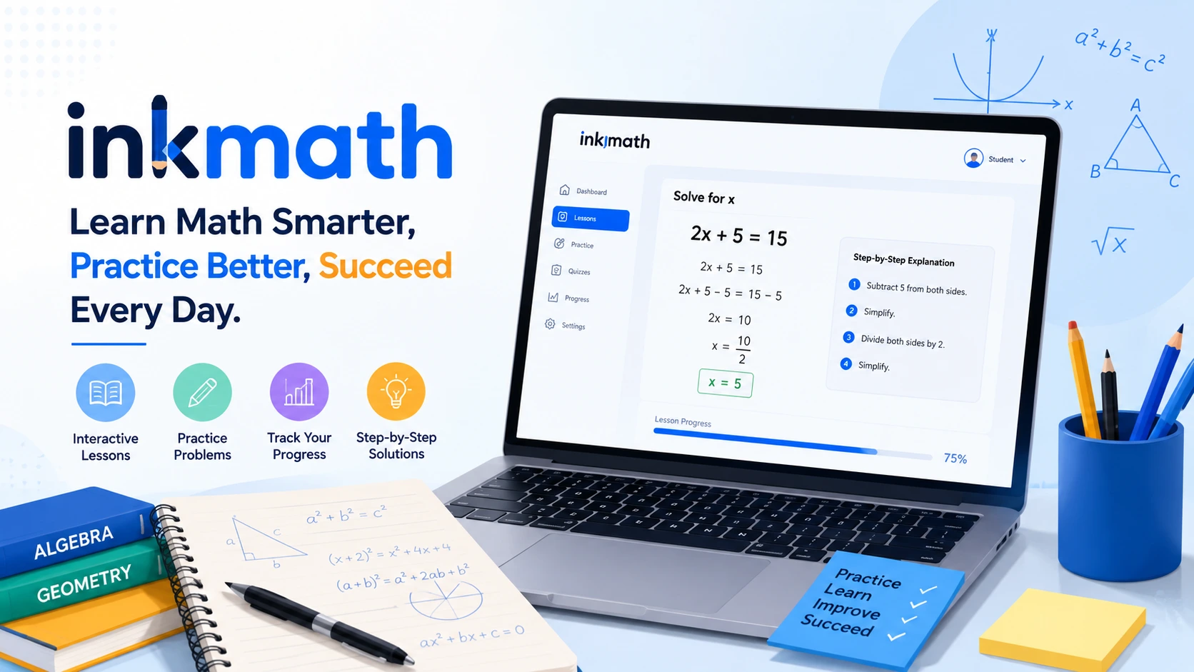 InkMath online math learning platform displayed on a laptop with study materials, algebra notes, and educational tools for interactive mathematics learning.