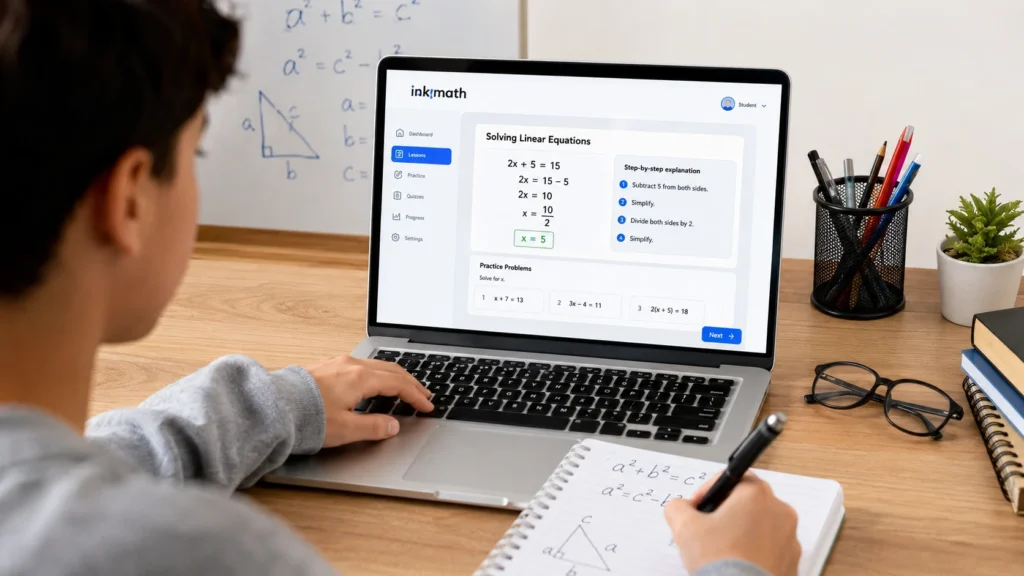 Student using the InkMath online math learning platform on a laptop while solving mathematics problems in a modern study workspace.