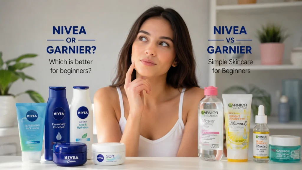 Beginner comparing NIVEA and Garnier skincare products to choose the best affordable skincare brand for a simple daily skincare routine.