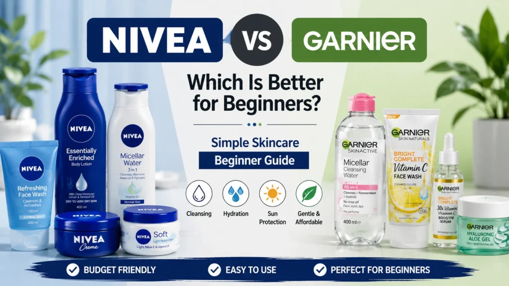 NIVEA vs Garnier comparison for skincare beginners showing affordable skincare products, moisturizers, cleansers, and serums to help choose the best beginner skincare brand.