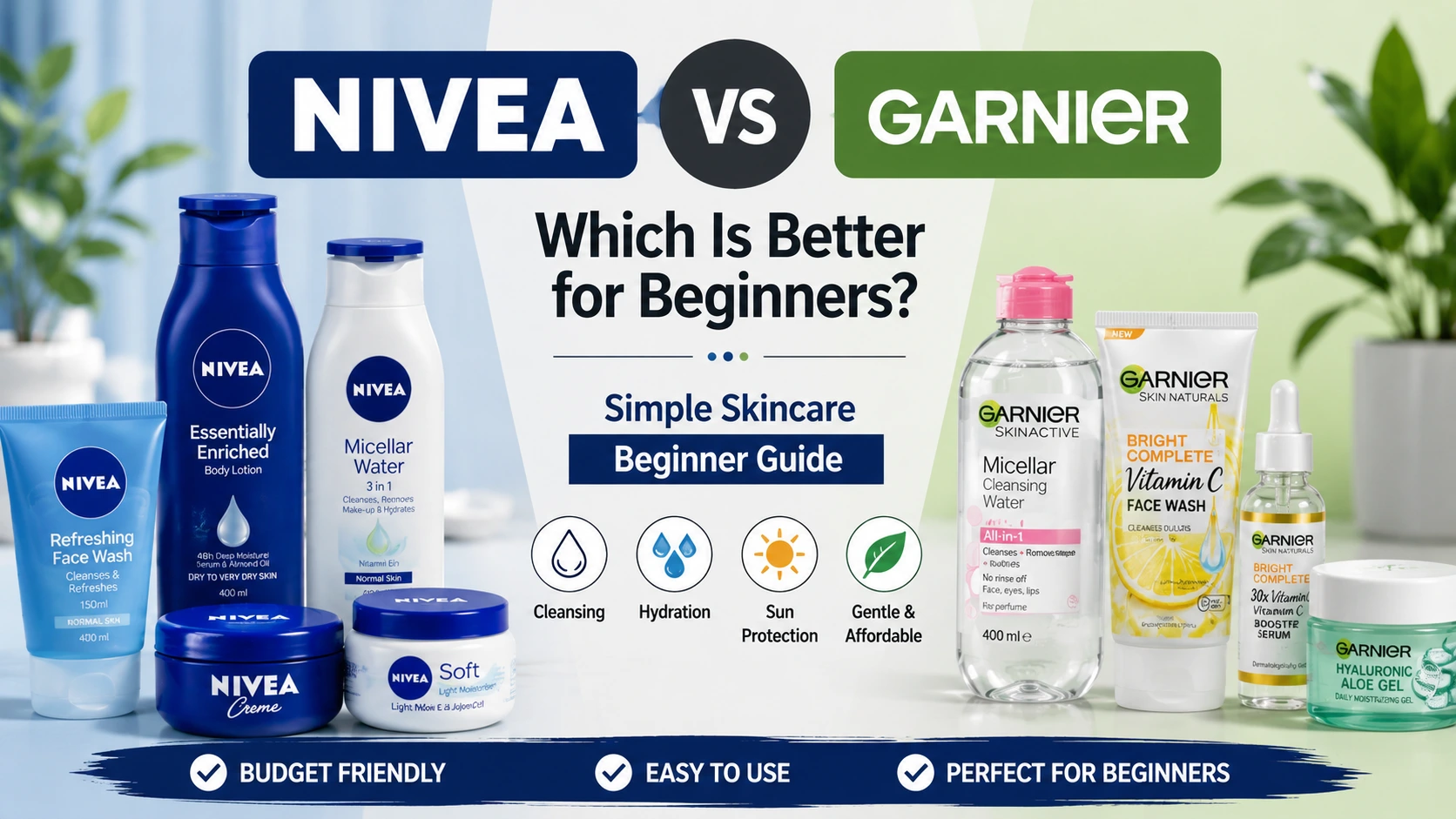 NIVEA vs Garnier comparison for skincare beginners showing affordable skincare products, moisturizers, cleansers, and serums to help choose the best beginner skincare brand.