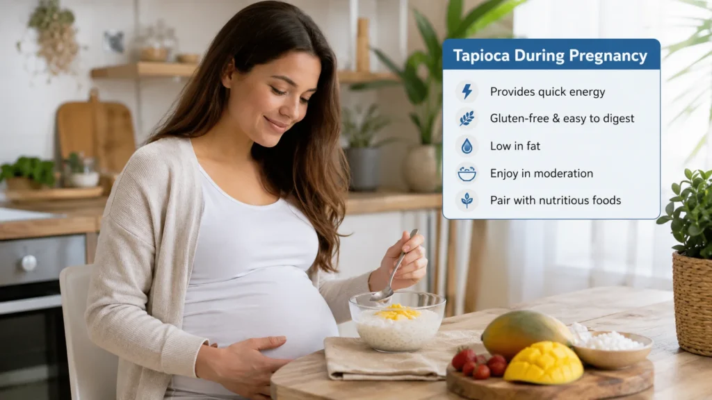 Pregnant woman enjoying a bowl of cooked tapioca with fresh fruit as part of a healthy and balanced pregnancy diet.