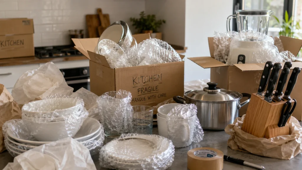 Fragile kitchen items including glassware, dishes, cookware, knives, and small appliances carefully wrapped and packed in moving boxes on a modern kitchen counter.