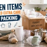 Feature image showing fragile kitchen items including dishes, glassware, cookware, knives, and small appliances safely packed in labeled moving boxes with protective wrapping.