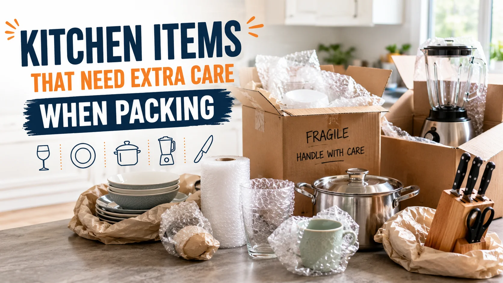 Feature image showing fragile kitchen items including dishes, glassware, cookware, knives, and small appliances safely packed in labeled moving boxes with protective wrapping.