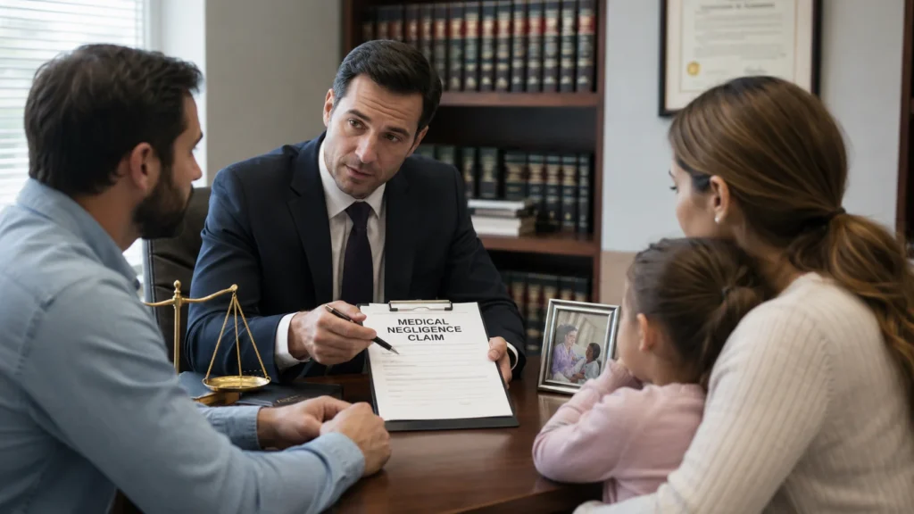 Family consulting a medical negligence lawyer about a birth injury claim to seek legal advocacy and compensation for lifelong medical care