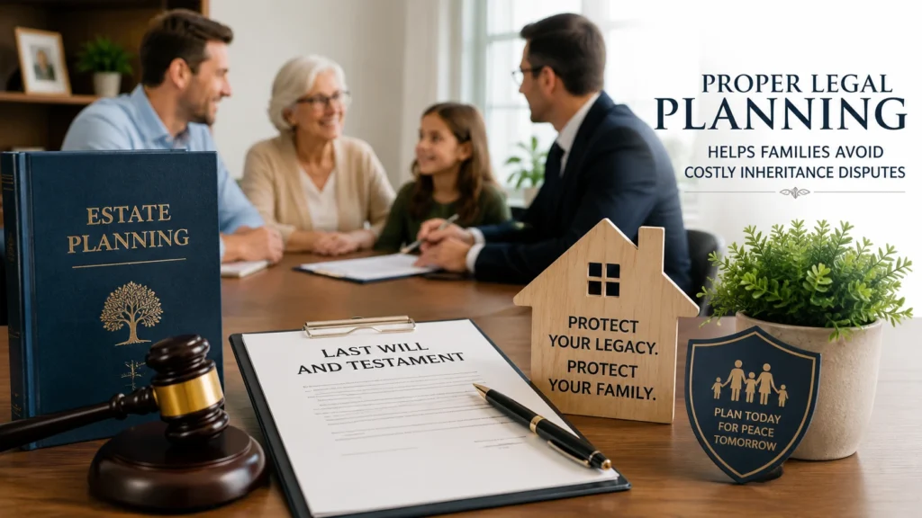 Family meeting with an estate planning attorney discussing wills, trusts, and legal planning to prevent costly inheritance disputes and protect family assets.