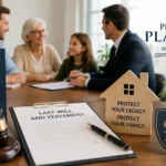 Family meeting with an estate planning attorney discussing wills, trusts, and legal planning to prevent costly inheritance disputes and protect family assets.