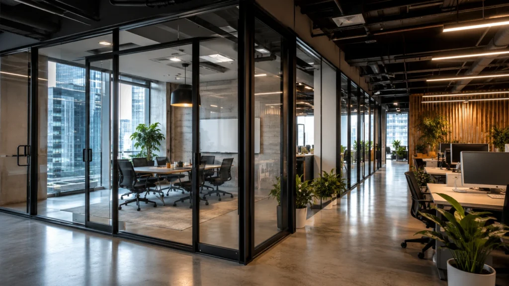 Modern commercial office with glass partitions, floor-to-ceiling windows, natural daylight, and an open workspace designed for productivity and collaboration.