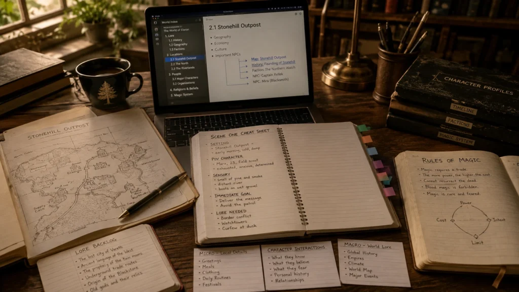 Organized fantasy world-building workspace featuring character profiles, maps, lore notes, timelines, and a Scene One cheat sheet for planning a novel before writing.