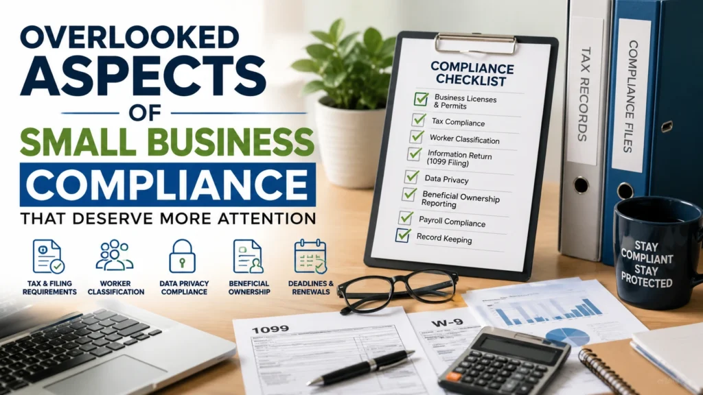 Professional office workspace showing a small business compliance checklist, tax documents, 1099 forms, W-9 paperwork, calculator, and business records for regulatory compliance.