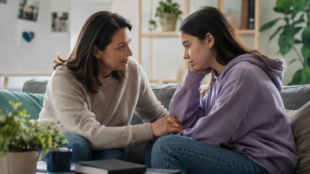 Concerned mother talking with her teenage daughter at home while recognizing early warning signs of a teen mental health crisis and offering emotional support.