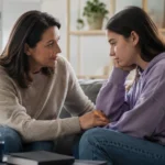 Concerned mother talking with her teenage daughter at home while recognizing early warning signs of a teen mental health crisis and offering emotional support.