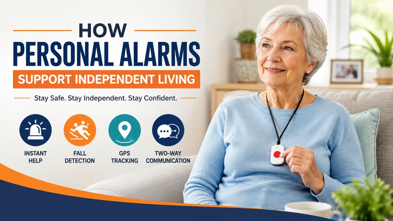 Feature image showing an older adult wearing a personal alarm pendant at home, highlighting how personal alarms improve safety, confidence, and independent living with emergency assistance, fall detection, GPS tracking, and two-way communication.
