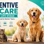 Featured image showing puppies, kittens, adult dogs, and a senior dog representing preventive pet care at every life stage, including vaccinations, nutrition, dental care, parasite prevention, and regular veterinary checkups.